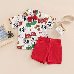 Conjuntos de roupas para crianças meninos 2 peças roupas fazenda/circo desenho animado animal estampa camisas de manga curta com gravata borboleta conjunto de shorts de cor sólida