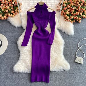 Yuoomuoo Chic Fashion Sexy Wrap Hips Skuren ut axel långärmad stickad höstklänning Elegant Lady High Street Bodycon Vestido 240119