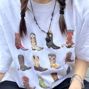 Women's T-Shirt Boot Western T-Shirt Women Summer Loose Vintage Boho Texas T Shirt Cowgirl Cowboy Cute Graphic Tees Hippie Tshirts Retro T240129