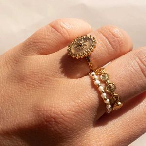 Bandringar Uworld 18k Guldpläterad rostfritt stål Natural Champagne Stone Quartz Ring gjord för sista plågor/vattenbeständig Bijoux Femme 240125