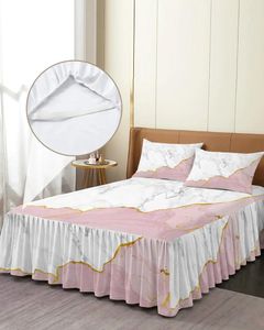 Sängkjol Vit marmorrosa elastisk utrustad sängöverdrag med örngottskyddsskyddsmadrass Cover Bedding Set Sheet