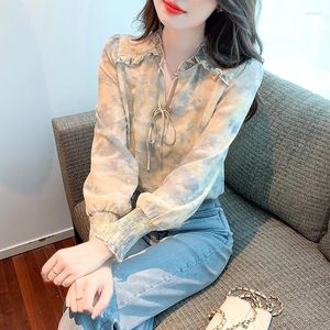 Kvinnor BLOUSES Fashion Youth Woman 2024 Autumn Beautiful Floral Chiffon Shirt Elegant Blusas Para Mujer Vintage Top