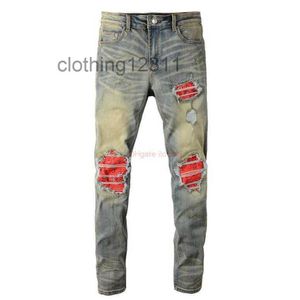 Mens Jeans Designer Clothing Amires Denim Pants Fog Amies Fashion Brand Wash Water Holes Do Old Red Patch Slimming Mens High Street Ins Small Leg Distresse