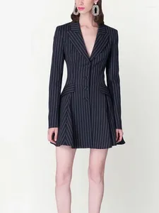 Lässige Kleider Mode Damen Blazer Kleid Revers Einreiher Langarm Taille Gestreift A-Linie Mini Frühling 2024 7AB3376