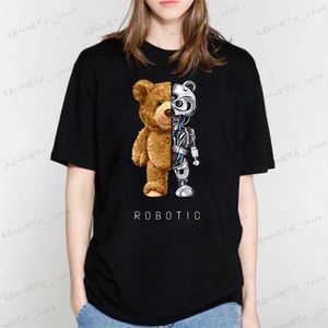 Camiseta feminina Blingpaw Graphic Tee Minimalista Teddy Bear Robot Robotic Print T-shirt Mulheres Branco Algodão Top Tees Verão Camisetas Personalizadas T240129