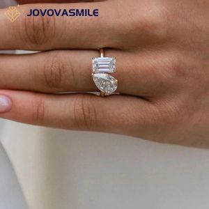 Pierścienie Jovovasmile Fine Jewelry Pierścień Moissanite Crushed Ice 2.5ct Gruszka i 2CT Emerald Cut Realne oryginalne złoto na kobietę ślub