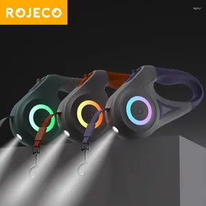 Dog Collars Rojeco 5m格納式リーシュ自動LEDライトライトルーレットロープ犬用調整可能なペットウォークランニングリード