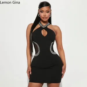 Casual Dresses Lemon Gina Women Mesh midja Patchrwork Diamonds Rhinestones Halter Midi Bodycon Dress Vestidos Club Party Evening Evening