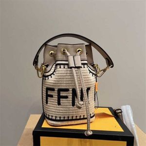 Bags Knitted Bucket f-Letter Embroidered Shoulder Bags Womens Straw Drawstring Bag Single Purse Handbag Mini Tote Bag 230519