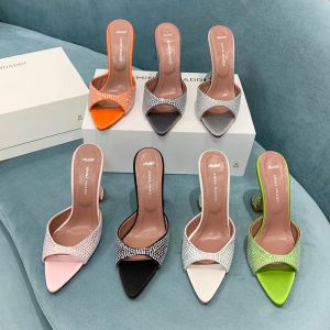 Amina Begum Crystal Satin tofflor Crystal Tisters Open Toe Women's Luxury Leather Outrole Evening Shoes 9.5cm med Box Factory Shoes