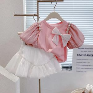 Clothing Sets Summer Girls' Bow Streamer Pearl Stitching Short-Sleeved Tutu Skirt Fashion Baby Kids Outfit Children Clothes Suit