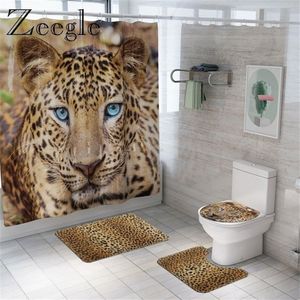 Cortina de chuveiro de leopardo com pele de animal, conjunto de tapete de banho macio para banheiro, cobertura engraçada, assento de vaso sanitário, à prova d'água, 2270m