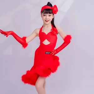 Bühnenkleidung Kinder Performance Tanzen Mädchen Latin Dance Wettbewerb Kleid Rot Ausschnitt Party Kleider Chacha Samba SL9693