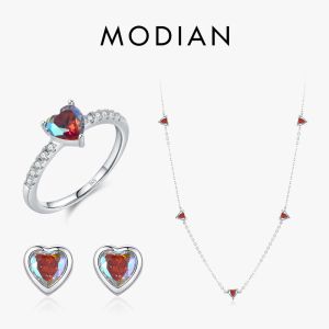 Defina Modian 925 Sterling Silver Rainbow Color Hearts Conjuntos de jóias de joias clássicas Brincos de gargantilha para mulheres Presentes de casamento