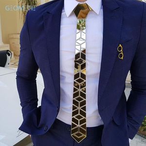 Neck Tie Set Glossy Gold Mirror Necktie Diamante Shape Slim Men Bling Accessory Wedding Night Club Singer DJ Fashion Show Party Ti281Z