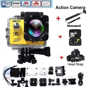 Câmeras de vídeo de ação esportiva Câmera de ação wifi para pro hero 4 Câmera esportiva 1080P HD 30m Camrea esportiva à prova d'água Alça de cabeça extra + bolsa + Monopé YQ240129