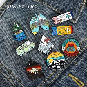 Brooches QIHE JEWELRY Adventure Travel Theme Pins Bus Air Tickets Magic Dragon Camping Badges Trendy Pin Gifts For Lovers