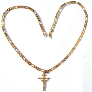 24K Solid Yellow Gold GF 6mm italiensk Figaro Link Chain Halsband 24 Kvinnor Herr Jesus Crucifix Cross Pendant262w