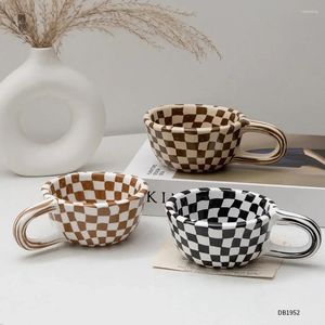 Mugs Ceramic Coffee Cups Hand Pinched Irregular Checkerboard Milk Tea Cup Ins Korean Oatmeal Breakfast Mug Drinkware Kitchen