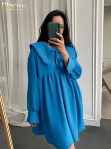 Casual Dresses Claceive Fashion Loose Blue For Women 2024 Autumn Elegant Doll Collar Long Sleeve Office Mini Dress Kvinnliga kläder