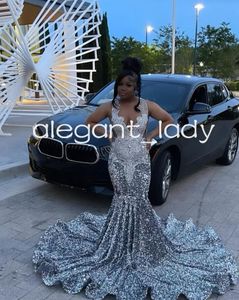 Silver Grey Sparkly Evening Birthday Dresses For Women 2024 Luxury Diamond Velvet Black Girl Prom Ceremonty Party Gown