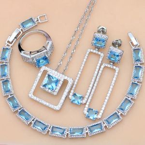 Set 925 Set di gioielli in argento Birdal Dubai Iperbole Pietra zircone blu per orecchini da festa da donna/pendente/collana/anelli