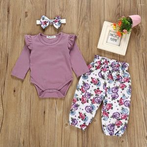 Conjuntos de roupas infantis para meninas com babados, macacão sólido, body floral, calças, faixa de cabeça, conjunto de 6 peças
