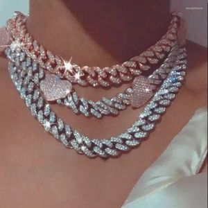 Chains 12mm Width Pink Heart Iced Out Bling 5A Cubic Zirconia Cz Choker Necklace Women Girlfriend Gift Cuban Link Chain JewelryCha283L
