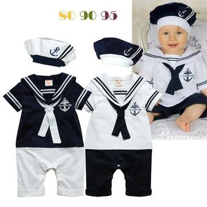 Moda Estate nata Stile Navy Pagliaccetto per bambini Bambini Ragazzi Ragazze Tuta da marinaio Cappello 2 pezzi Body a maniche corte con ancoraggio stampato 240122