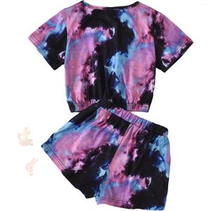 Clothing Sets Pudcoco 2024 2 Pieces Kids Suit Set Tie-Dye Print Round Collar Short Sleeve Pullover Shorts For Summer Purple 4-9 Years