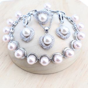 Stränge natürliche Perlen Schmucksets 925 Silber Brautohrringe Armbänder Ringe Anhänger Hochzeit Halskette Set Zirkon Schmuck für Frauen