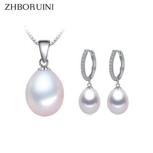 Set ZHBORUINI Set di gioielli di perle Collana di perle d'acqua dolce naturali Orecchini con zirconi a goccia Set di gioielli in argento sterling 925 per le donne