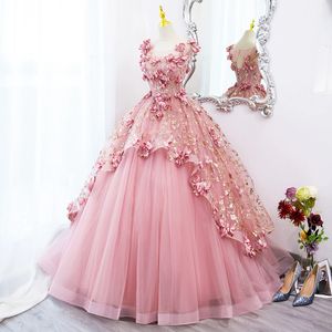 2024 3d Blumen Ballkleider Brautkleider Pink Prinzessin Quinceanera Kleid Korsett Schatz Organza Rüschen Tüll Vestido de Novia Sexy Plus Size Mi Kleid 403
