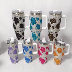 40oz diamanthandtag Tumbler Cow Leopard tryckt modern tumbler Isolerad kopp återanvändbar rostfritt stål vattenflaska resemugg 240124