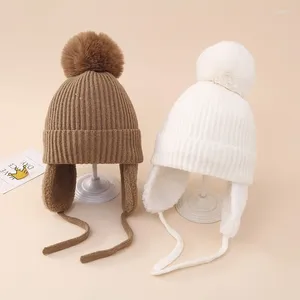 Berets inverno bebê malha chapéus grande pompom beanie chapéu com earflaps lã de pelúcia boné para crianças bonnet engrossar quente crianças acessórios