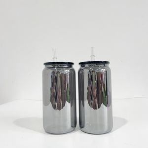 Recycelbares Hochborosilikat -Glas BPA Free Middle Night Metall Mirror Black plattiert 16 Unzen Bier Soda Den Becher Gläser mit Plastikdeckel und Stroh für UV -DTF -Wickeln