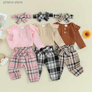 Kläderuppsättningar 2023-11-09 LIORITIIN 0-18M Spädbarn Baby Girls Fall Cloths Set Solid Color Button Långärmor Rompers Plaid Pants Pannband