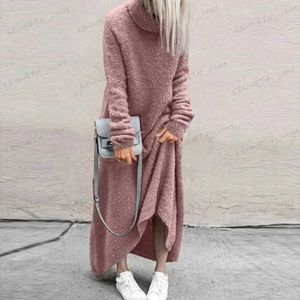 Basic Casual Dresses Casual Turtleneck Women Long Sleeve Thickened Elegant Dress Fleece Solid Robe Dress Autumn Winter Office Ladies Loose Maxi Dress T240129