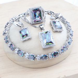 Halsband Natural Magic Rainbow CZ Bridal smycken Set 925 Silver Stones Armband örhängen Ringar Pendant Necklace Set for Women