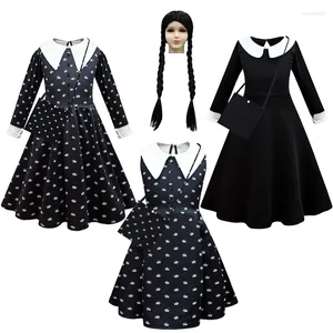 Girl Dresses Fashion Kids Movie Wednesday Addams Cosplay Princess Dress And Wig Bag Set Halloween Costume Carnival Gothic Black Clothes