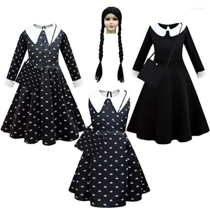 Vestidos da menina moda crianças filme quarta-feira addams cosplay vestido de princesa e saco peruca conjunto traje de halloween carnaval roupas pretas góticas