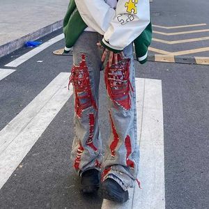 Men's Jeans High Street Hip Hop Hole Drawing Heavy Industry Embroidery Loose Straight Fashion Label Niche Design Pants