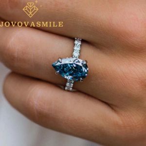 Pierścienie Jovovasmile Moissanite Pierścień 14K Złota 4.05 karat 13x7,8 mm zmiażdżona lodowa gruszka Cut Cornflower Blue Real AU 750 585 Biżuteria dla kobiet