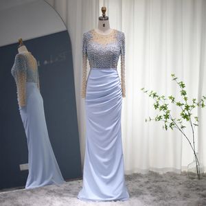 Abito da sera arabo sirena blu Dubai lusso collo trasparente perle maniche lunghe guaina abiti da ballo musulmano abiti da compleanno Robe De Soiree