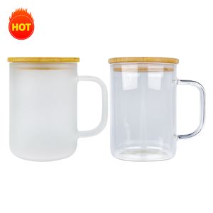 Caneca de cerveja com leite e chá a granel por atacado, vidro de alto teor de borosilicato, reutilizável, 17 onças, caneca de café de vidro sublimável fosco transparente com tampa de bambu e palha para impressão a quente