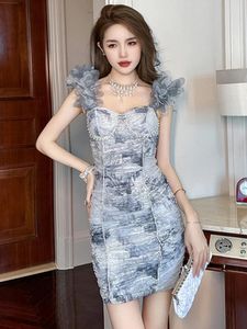 Casual Dresses Fashion Summer Evening Short Dress Luxury Women Chic Fairy Print Sexig Rem Slim Folds Mini Party Gown Mujer Vestidos Fiesta