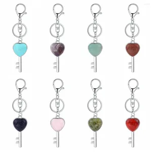 Keychains 6PCS Women Love Heart Pendant KeyChain Natural Gemstone Lucy Lock Key Crystal Men Healing Chakra Cute Keyring Wholesale