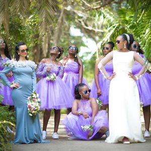 Purple Knee Length Short Bridesmaid Dresses African Nigeria Bridesmaid Dress Off Shoulder Lace Beaded Bridal Gowns For Arabic Black Women Wedding Guest's Wear NR035