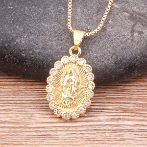 Gorąca wyprzedaż ins moda Virgin Mary Copper cyrkon 14K żółte złote wisiorek dla kobiet łańcuch naszyjnik ręcznie robiony biżuteria