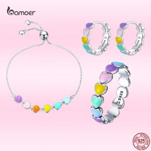 Sets Bamoer Fashion Heart Rings Bracelet Earrings Suits 925 Sterling Silver Rainbow Series Rings Sets for Women Allmatch Jewelry